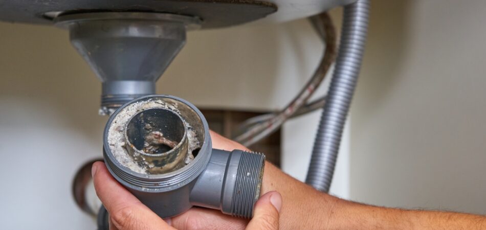 Clogged,sink,pipe,in,hand,a,plumber,cleans,a,clogged,siphon
