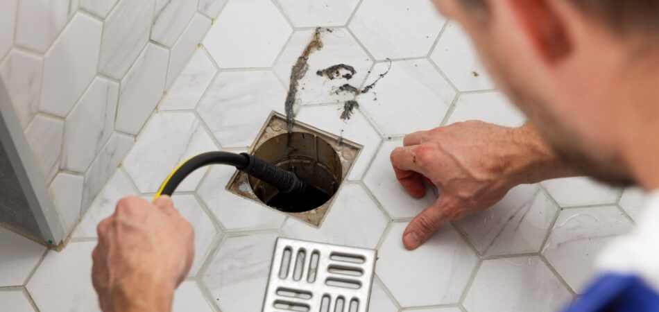 Plumber,unclogging,blocked,shower,drain,with,hydro,jetting,at,home
