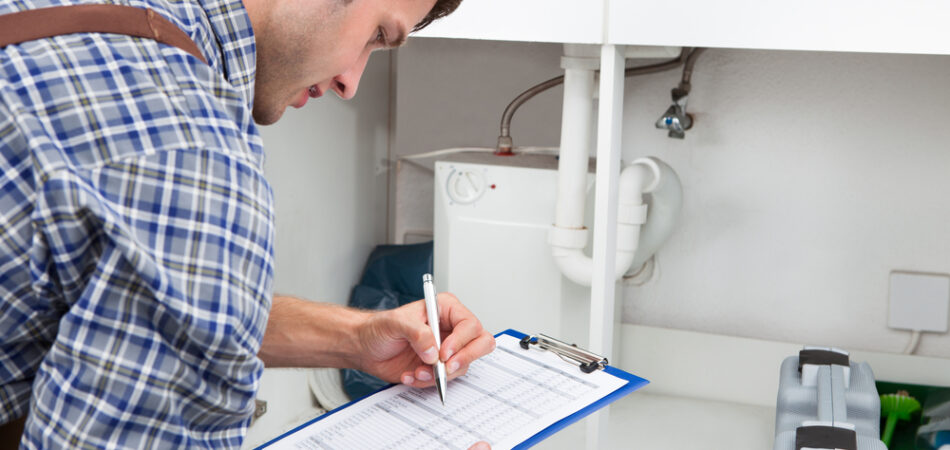Handsome,young,plumber,writing,on,clipboard,with,pen,in,kitchen