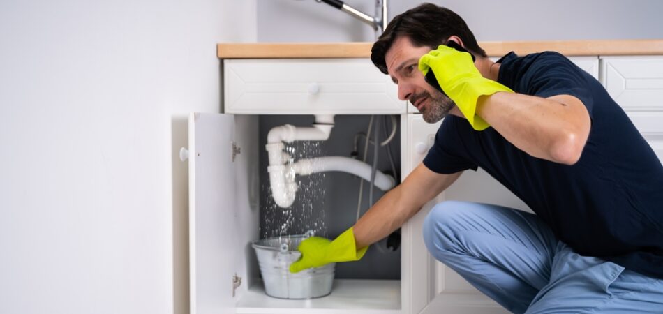 Sad,young,man,calling,plumber,in,front,of,water,leaking