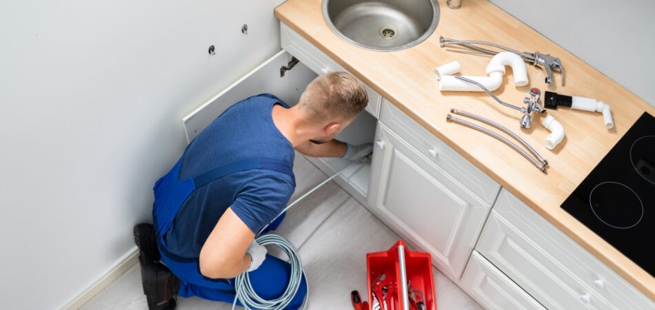 Male,plumber,cleaning,clogged,sink,pipe,in,kitchen