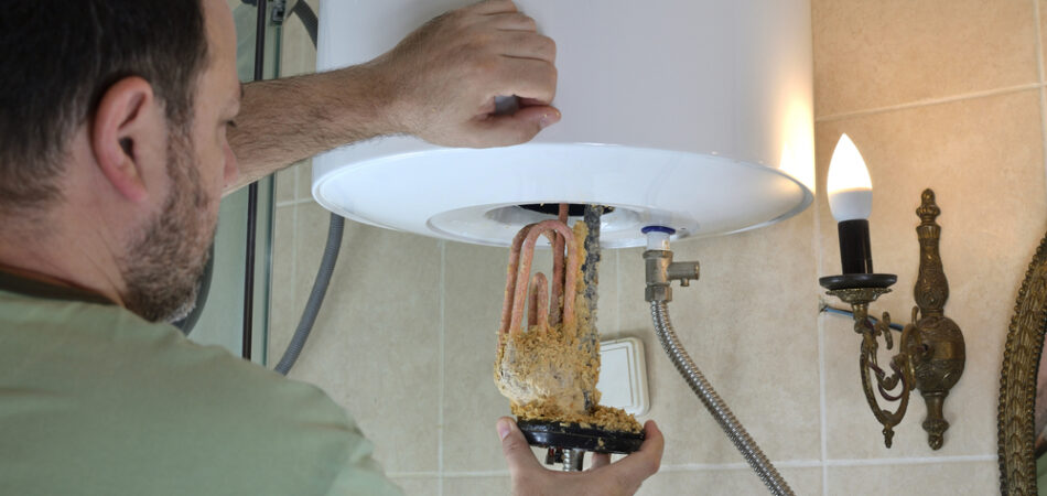 Man,taking,out,an,old,water,heater,with,scale,deposition